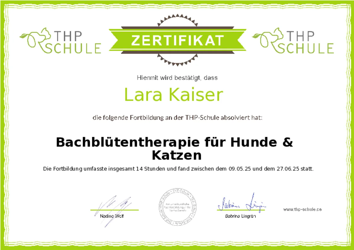 Zertifikat: Bachbl&uuml;tentherapie